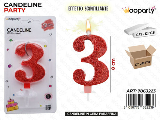 CANDELE ROSSO SCINTILLANTE 8CM N.3