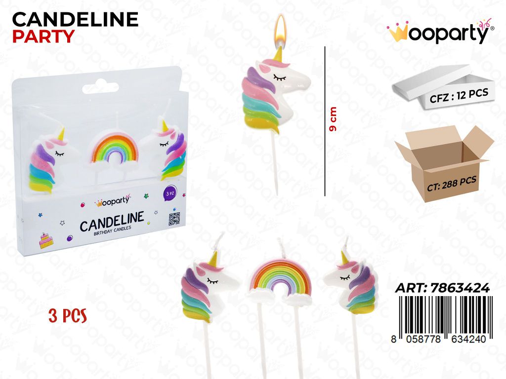 CANDELINE PARTY UNICORN 3PCS 9CM /PZ DA 12**