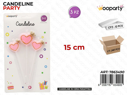CANDELINE PARTY CUORI ROSA 3PCS 15CM /PZ DA 12**