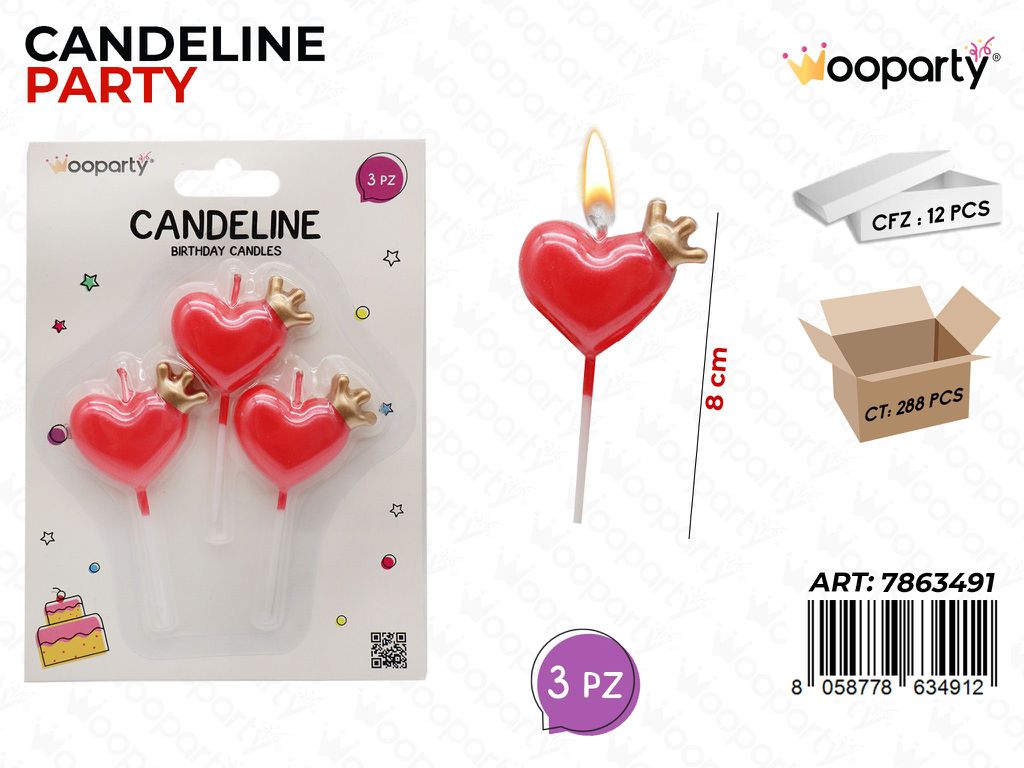 CANDELINE PARTY CUORI ROSSO 3PCS 8CM /PZ DA 12**