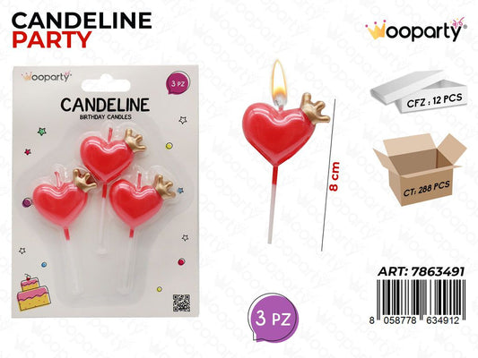 CANDELINE PARTY CUORI ROSSO 3PCS 8CM /PZ DA 12**