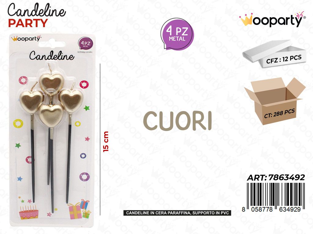 CANDELINE PARTY CUORI ORO 4PCS 15CM /PZ DA 12**