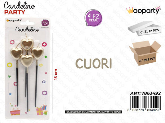 CANDELINE PARTY CUORI ORO 4PCS 15CM /PZ DA 12**