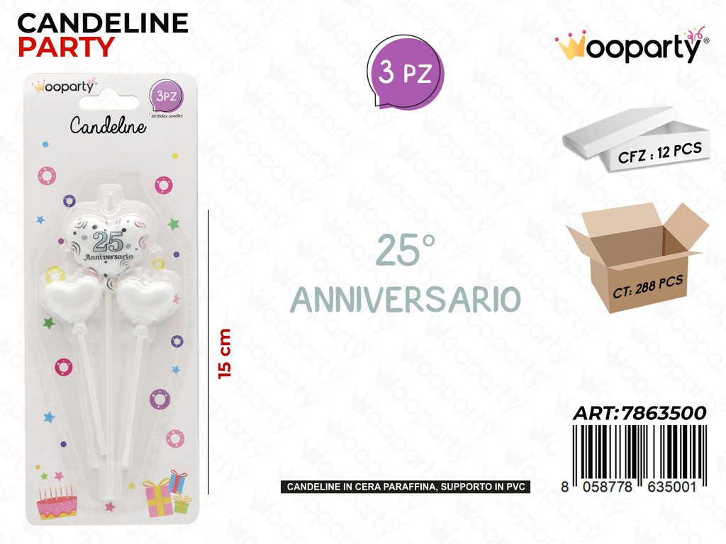 CANDELINE 25ANNIVERSARIO 3PCS 15CM /PZ DA 12**