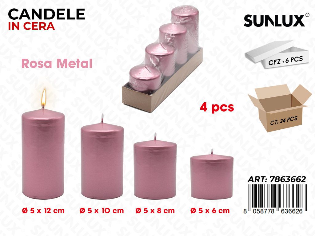 Sunlux Candele Rosa Metal Mis. Ass. 4PCS