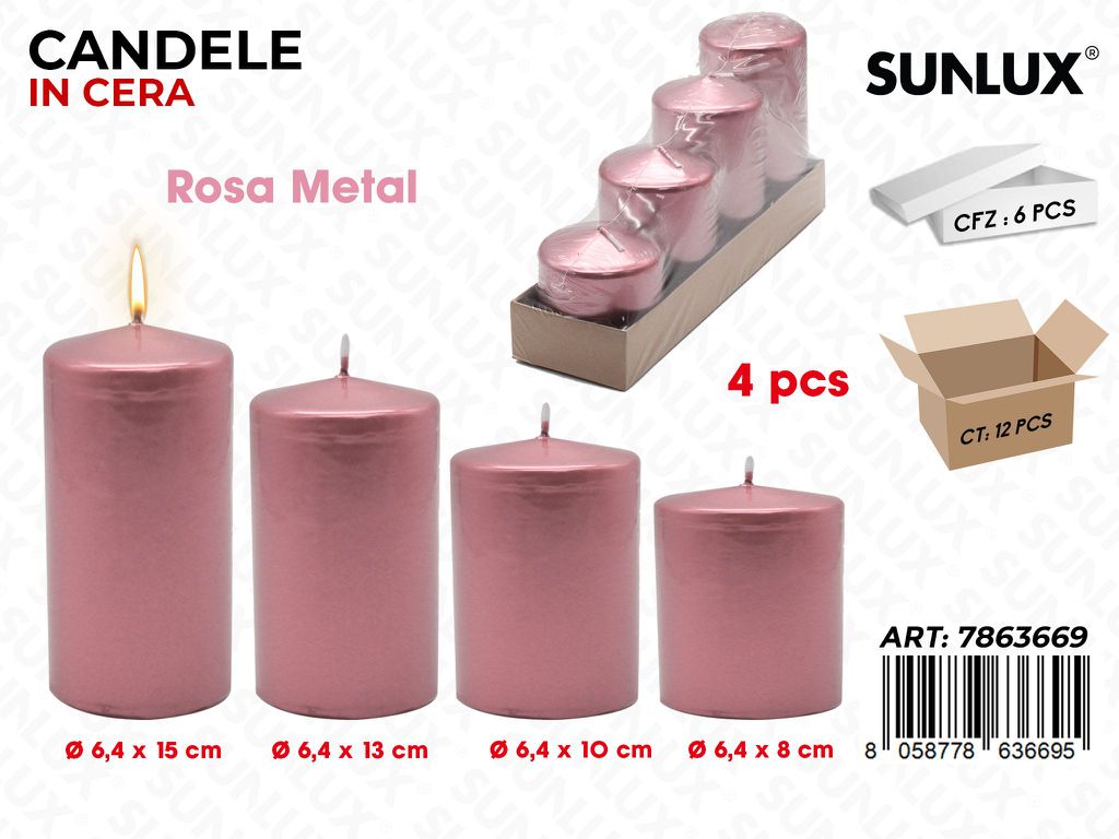 Sunlux Candele Rosa Metal Mis. Ass. 4PCS