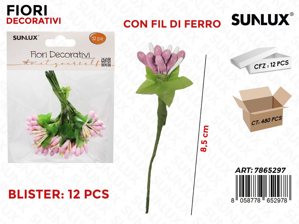 Fiori Bomb. c/ Fil di Ferro Rosa 12PCS 8.5CM