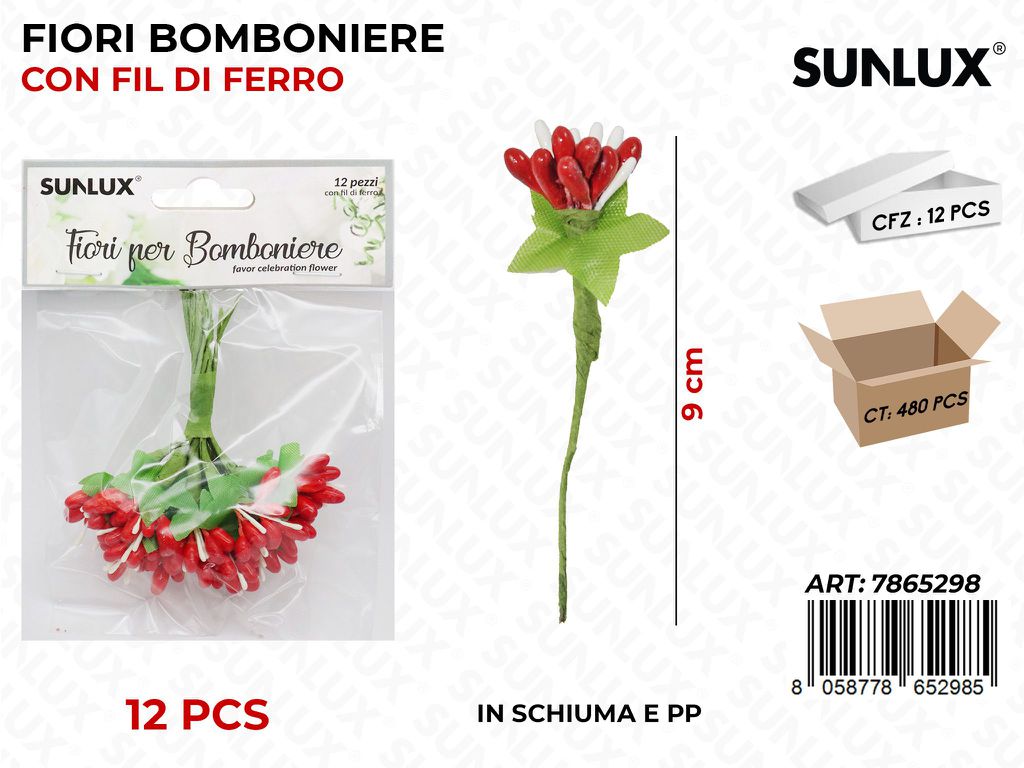 Fiori Bomb. c/ Fil di Ferro Rosso 12PCS 9CM