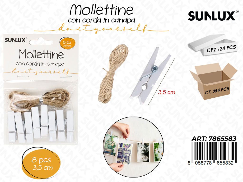Mollettine Legno Bia. c/ Corda Canapa 8PCS 3.5CM