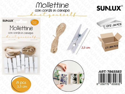 Mollettine Legno Bia. c/ Corda Canapa 8PCS 3.5CM