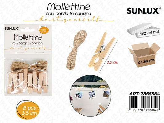 Mollettine Legno c/ Corda Canapa 8PCS 3.5CM
