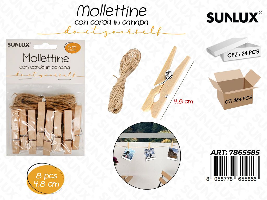 Mollettine Legno c/ Corda Canapa 8PCS 4.8CM