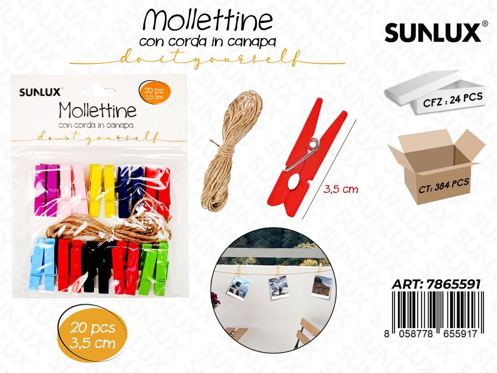 Mollettine Legno Col. c/ Corda Canapa 20PCS 3.5CM