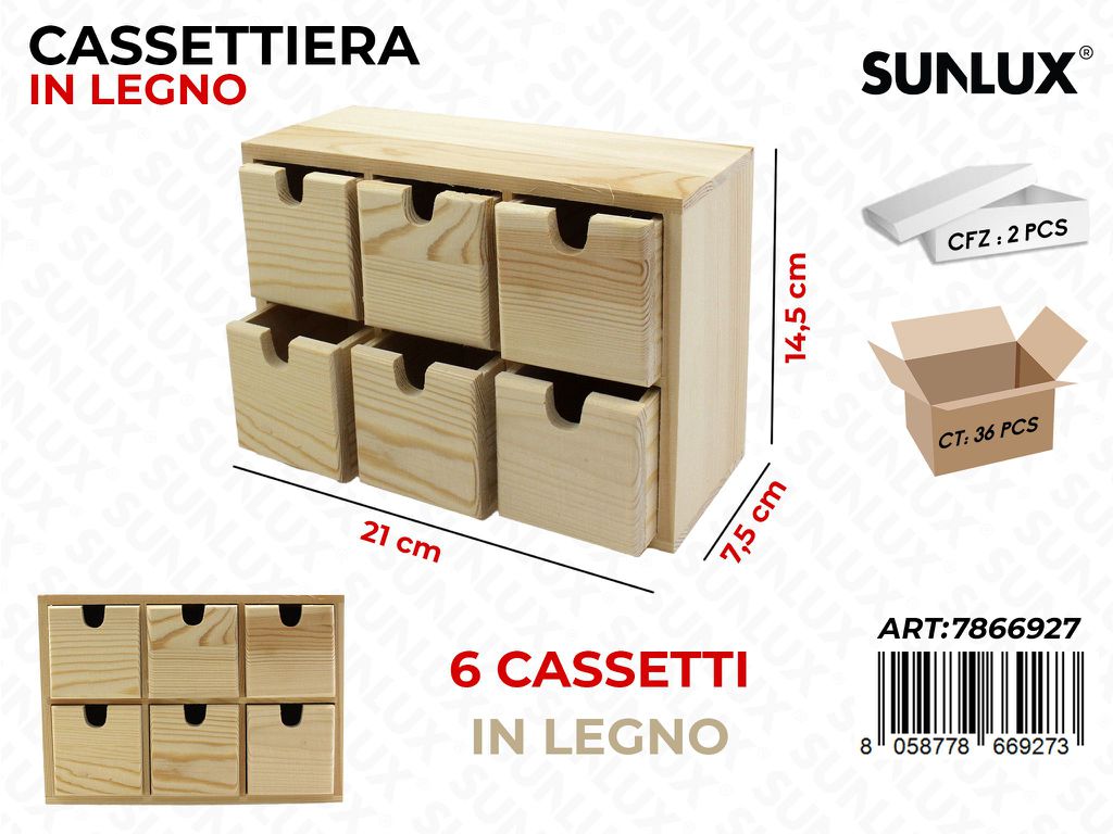 Sunlux Cassettiera di Legno 6CASS. 21*7.7*14.5CM