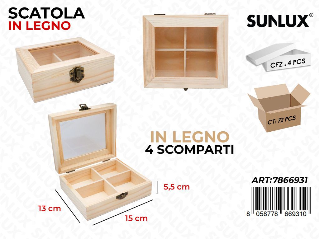 Sunlux Scatola di Legno c/4DIVISORI 15*13*5CM
