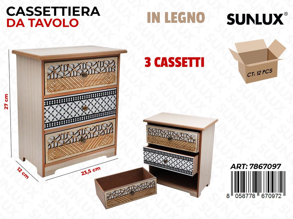 Sunlux Cassettiera in Legno 3CASS. 23.5*27*12CM