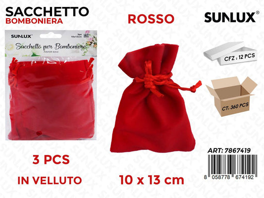 Sunlux Sacchetto Bomb. Vell. Rosso 3PCS 10*13CM