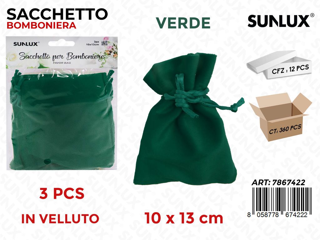 Sunlux Sacchetto Bomb. Vell. Verde 3PCS 10*13CM