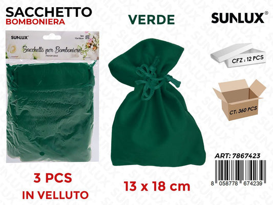 Sunlux Sacchetto Bomb. Vell. Verde 3PCS 13*18CM