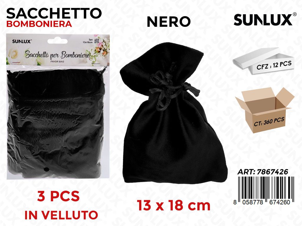 Sunlux Sacchetto Bomb. Vell. Nero 3PCS 13*18CM