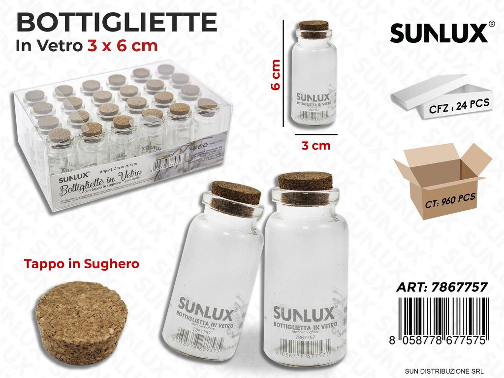 Bottigliette in Vetro c/Tappo Sughero 3*6CM