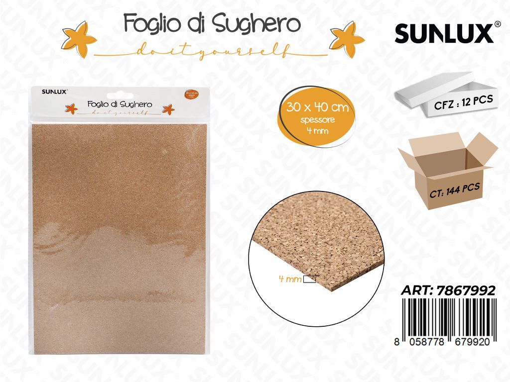Sunlux Foglio di Sughero 30*40CM*4MM