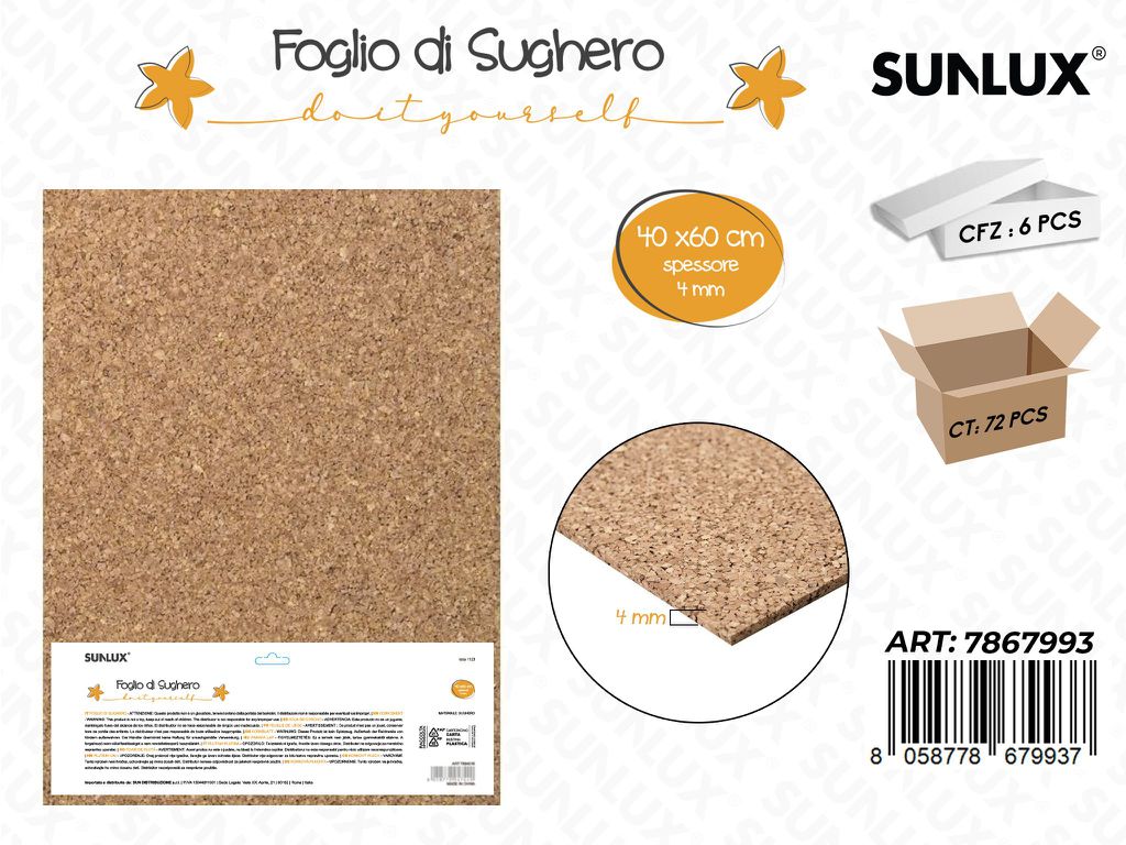 Sunlux Foglio di Sughero 40*60CM*4MM
