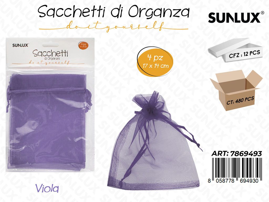 Sunlux Sacchetto in Organza Viola 4PCS 14*17CM