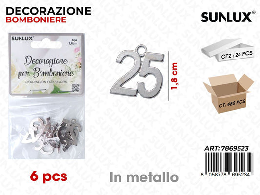 Sunlux Dec. Bomb. 25ANNI Arg. Metallo 6PCS 1.8CM