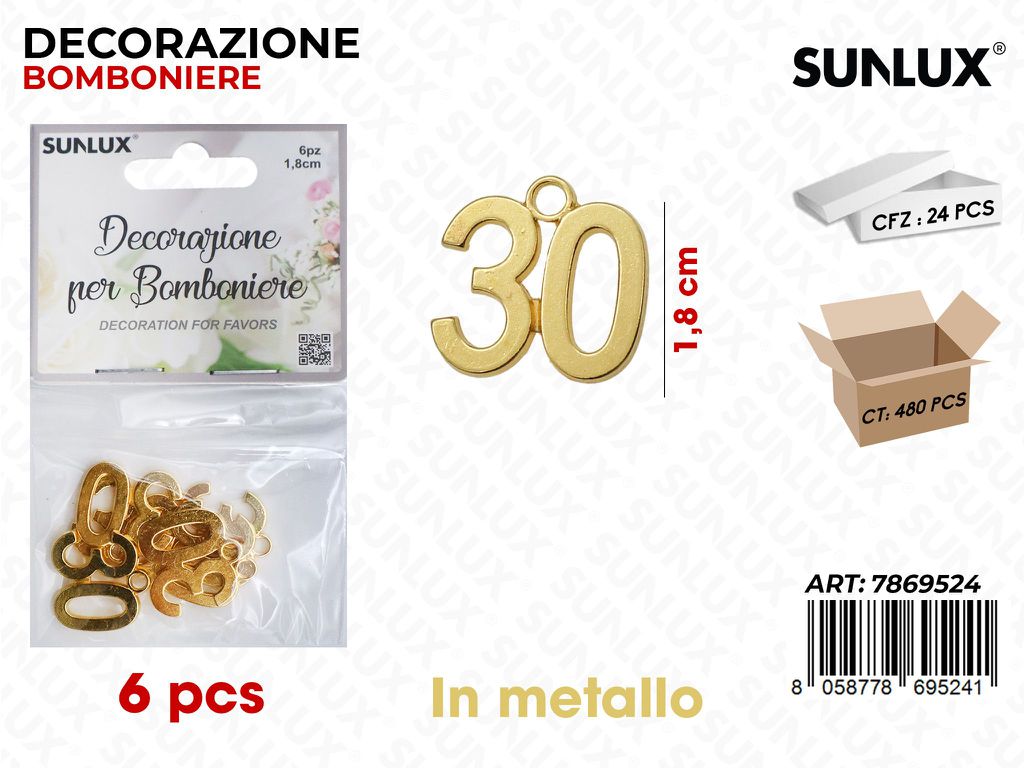 Sunlux Dec. Bomb. 30ANNI Oro Metallo 6PCS 1.8CM