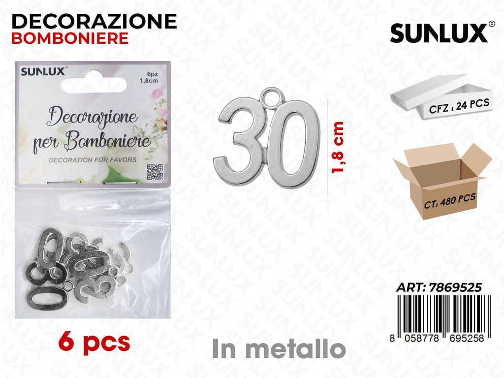 Sunlux Dec. Bomb. 30ANNI Arg. Metallo 6PCS 1.8CM
