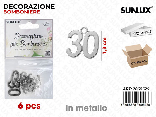 Sunlux Dec. Bomb. 30ANNI Arg. Metallo 6PCS 1.8CM