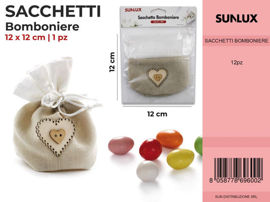 Sacchetto Bomboniere c/ Cuore in Legno 12*12CM