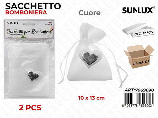 Sunlux Sacchetto Bomb. Bianco Cuore 2 Pcs 10*13CM