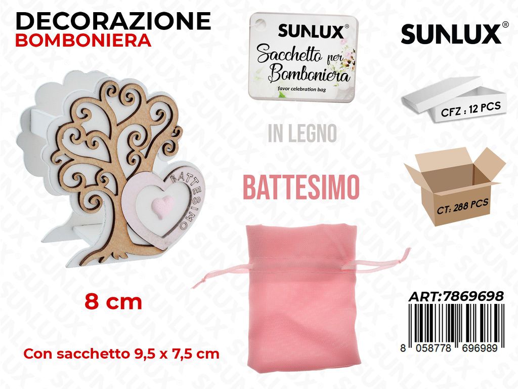Sunlux Scatolina Bomb. Battesimo Rosa in Legno 9.5*7.5CM/ Pz da 12