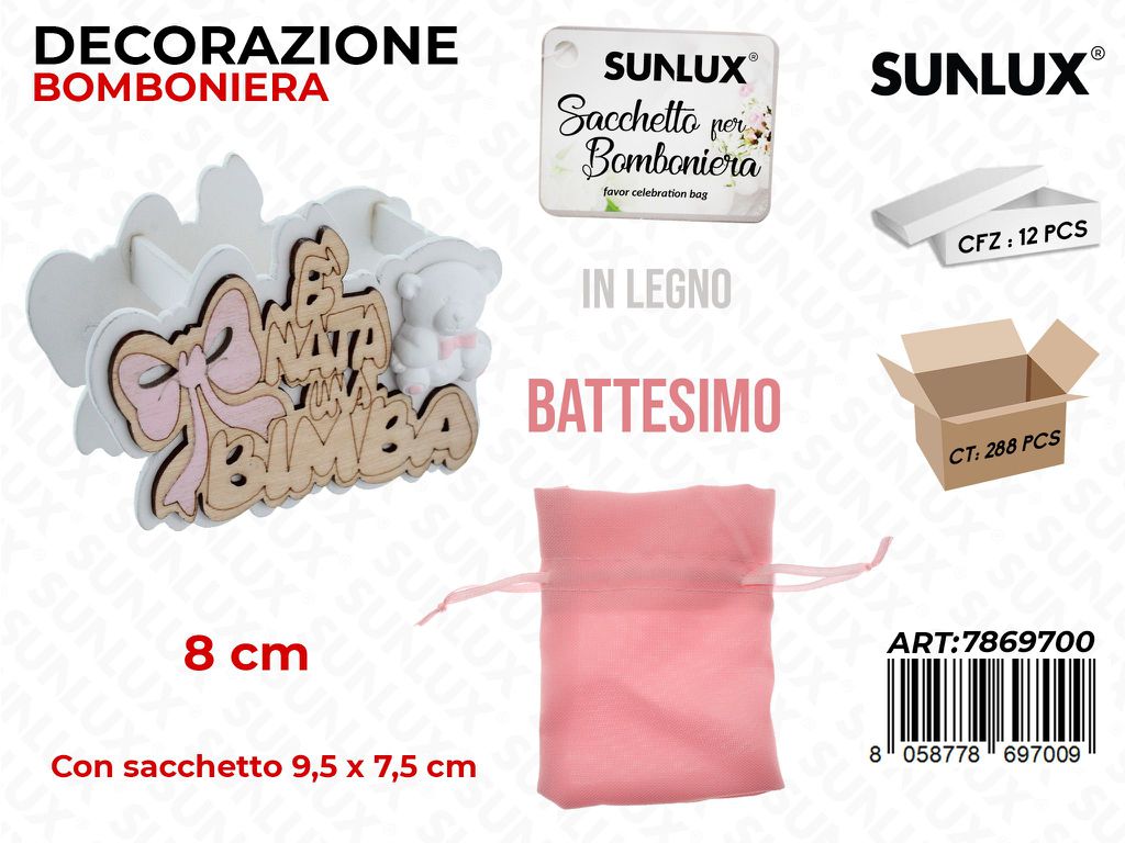 Sunlux Scatolina Bomb. Battesimo Rosa in Legno 9.5*7.5CM/ Pz da 12
