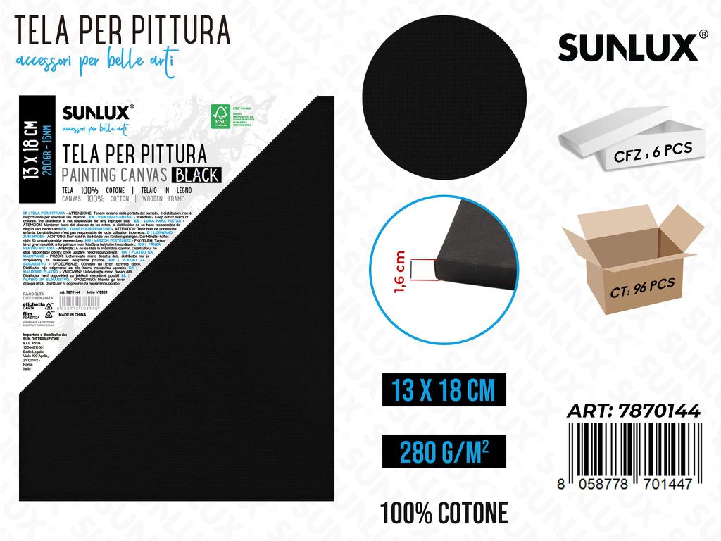 Sunlux Tela per Pittura Nero 13*18CM 280G