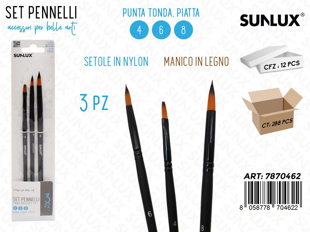 Sunlux Set Pennelli 3PCS 4-6-8 P. Tonda-piatta