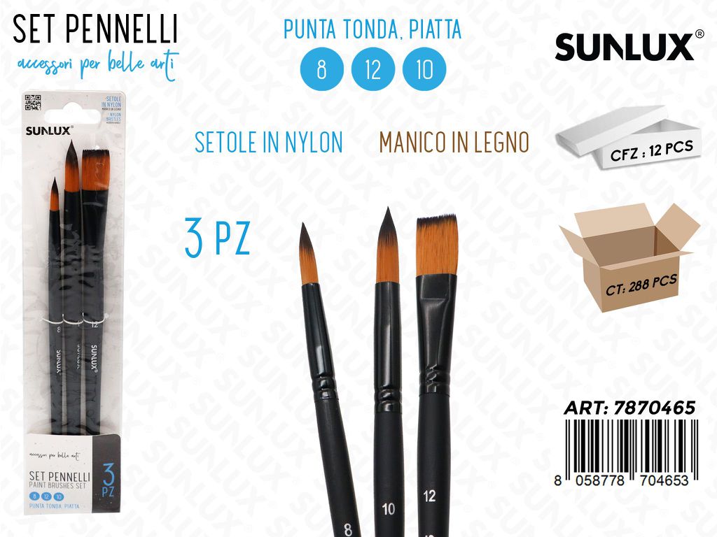 Sunlux Set Pennelli 3PCS 8-12-10 P. Tonda-piatta