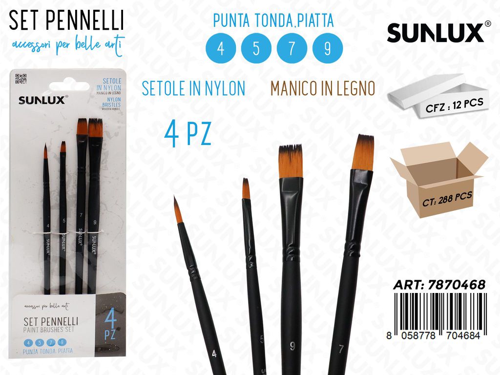 Sunlux Set Pennelli 4PCS 4-5-7-8 P. Tonda-piatta