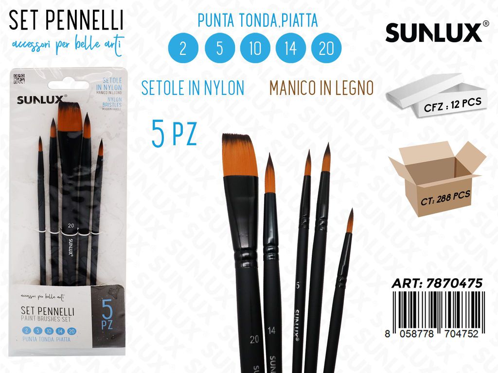 Sunlux Set Pennelli 5PCS 2-5-10-14-20 P. Tonda-piatta