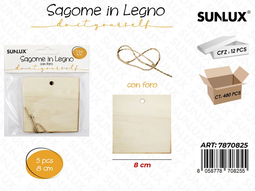 Sagome in Legno Quadrato c/ Foro 5PCS 8CM