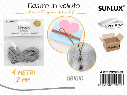 Sunlux Nastro in Velluto Grigio 2MM*4MT