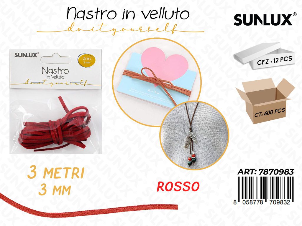 Sunlux Nastro in Velluto Rosso 3MM*3MT