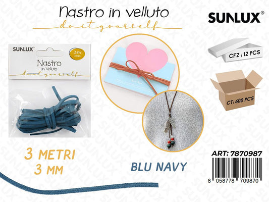 Sunlux Nastro in Velluto Blu Navy 3MM*3MT
