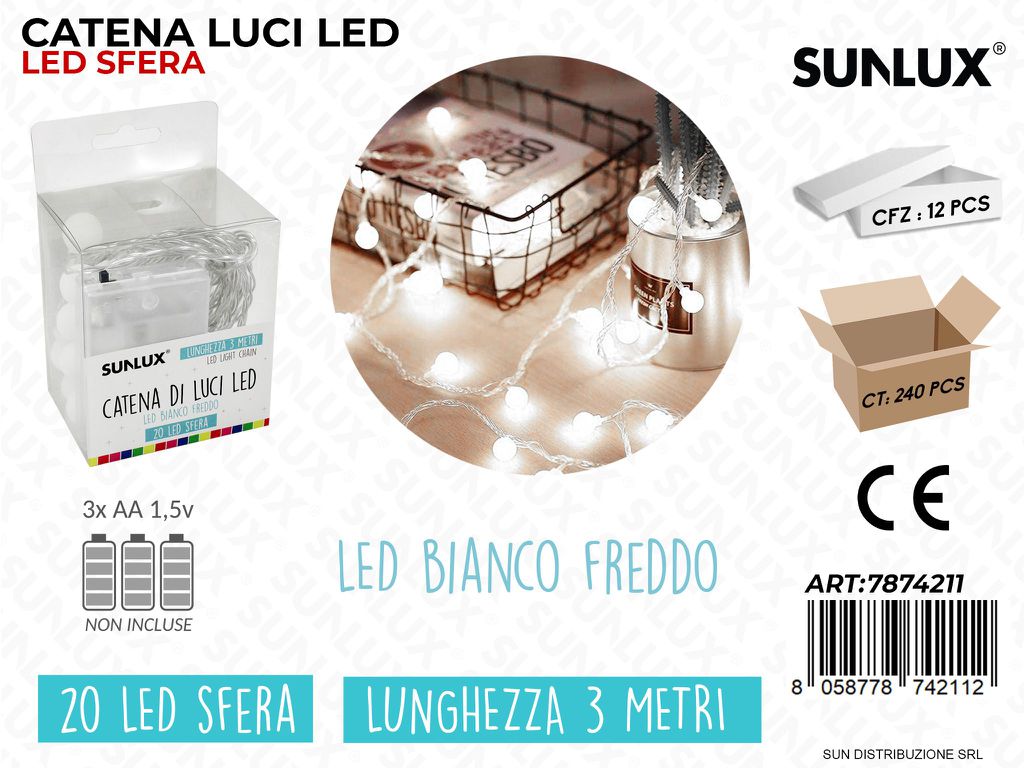 Catena Luci Led Bianco Freddo 20LED Sfera 3MT