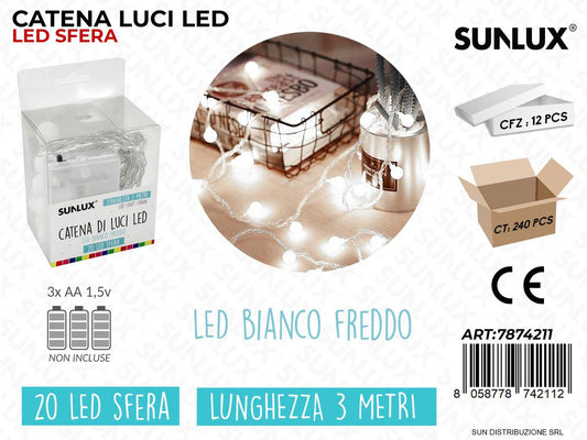 Catena Luci Led Bianco Freddo 20LED Sfera 3MT