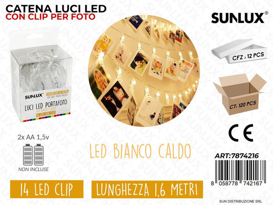 Catena Luci 14 Led Clip Portafoto Bia. Caldo 1.6MT