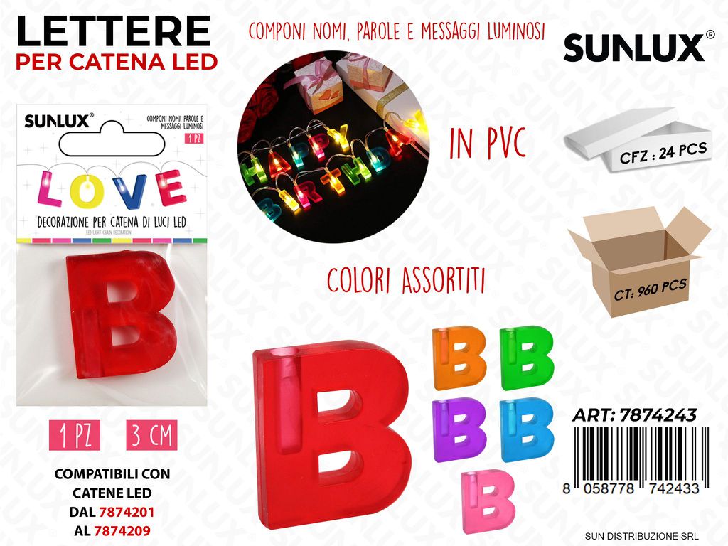 Lettera B per Catena di Luci Led Col. Ass. 3CM