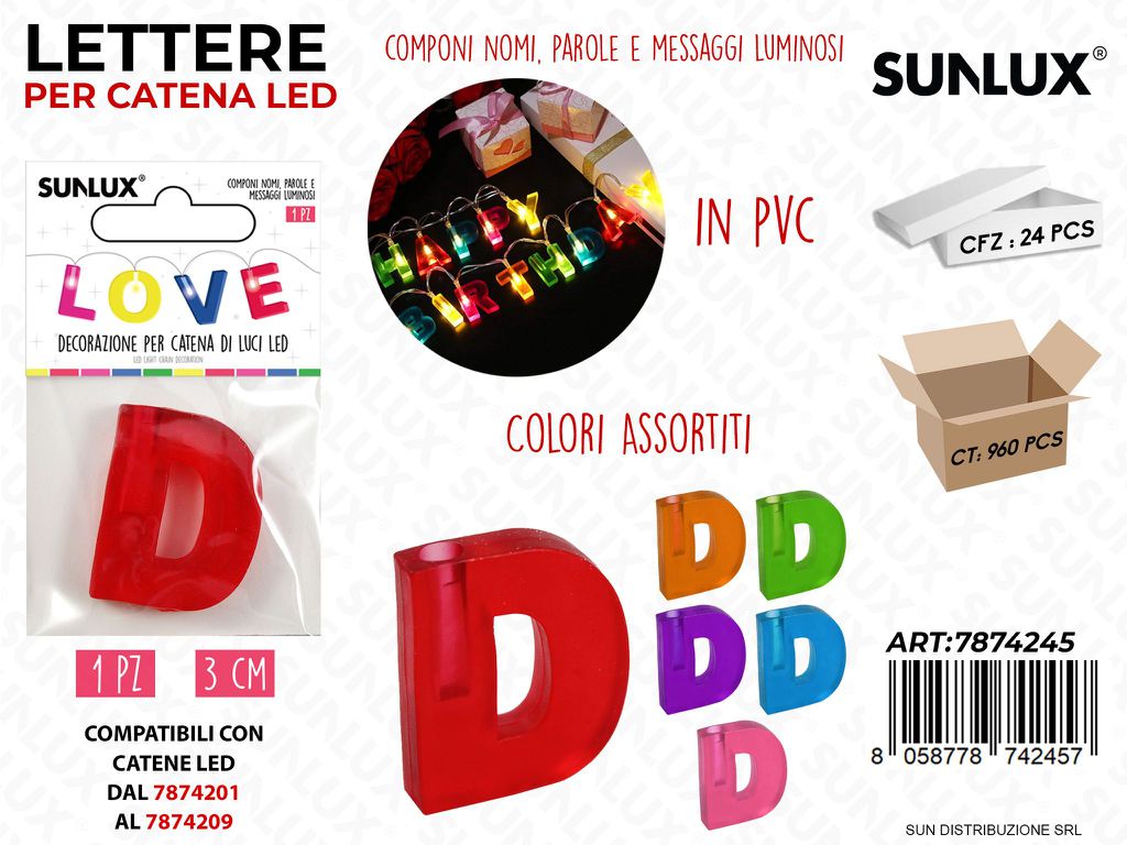 Lettera D per Catena di Luci Led Col. Ass. 3CM